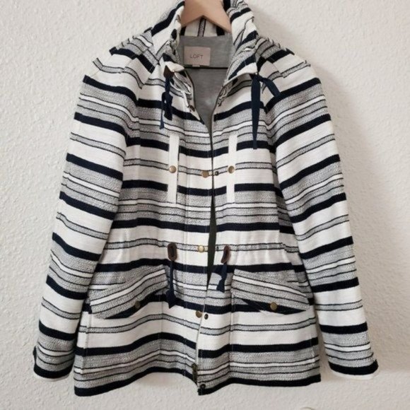 LOFT Breton Stripe Anorak Coat Navy & White Nautical Women's Size Medium - Picture 6 of 9